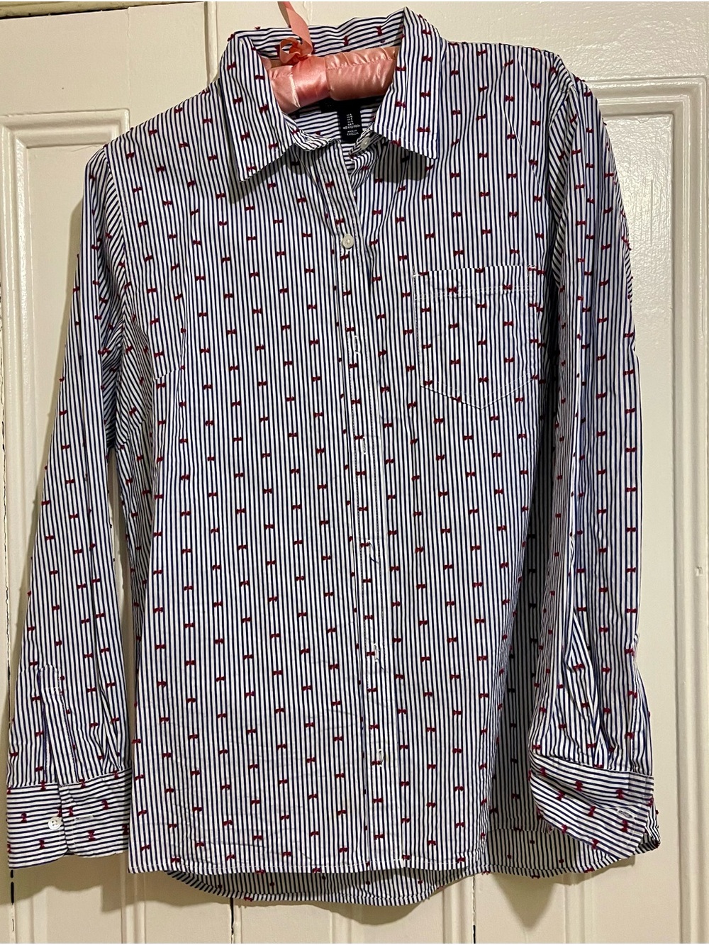 GAP boyfriend Blue & White Stripe Button-Down Shirt with Red Embroidered Bows